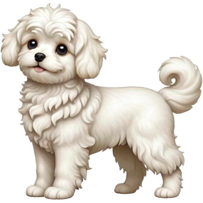 detailed-[curly haired maltese-dog]-realistic-full-body-sitting-emoji,-tail-resting-loosely-beside-its-paws,-head-tilted-dramatically,--wavy-[cream-white]-fur,-simplified-yet-realistic-focused-features,-highly-detailed,-glowing-with-an-almost-sarcastic emoji