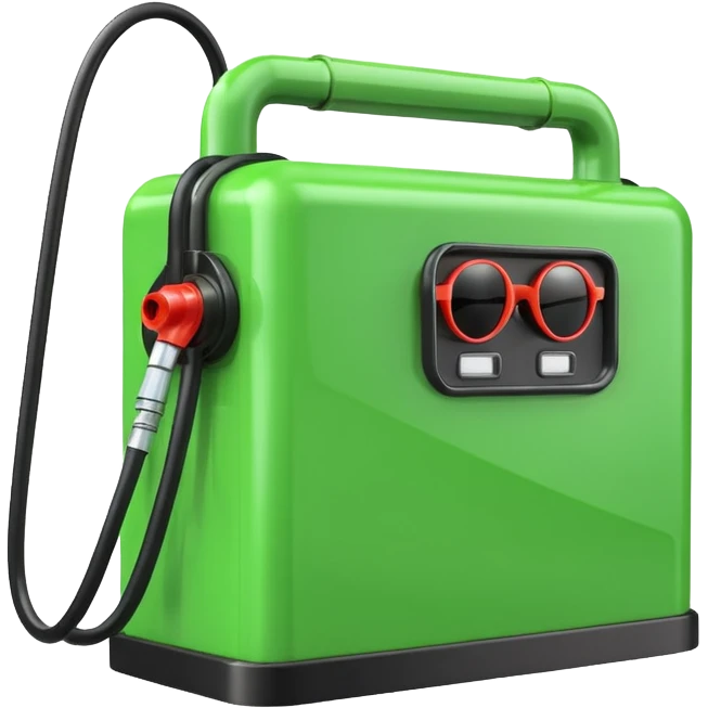 A 3D render of a green rectangular fuel pump as an inanimate object, with black sunglasses placed on its upper front panel. No face, no eyes, no character features, no anthropomorphism. Industrial product style. Clean lighting. Isolated on transparent background. emoji