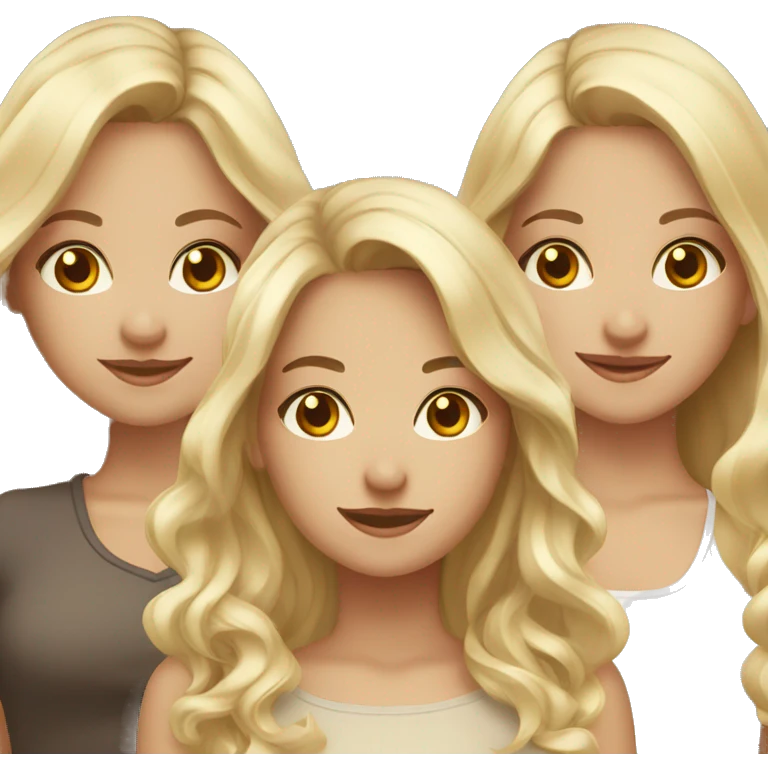three girls. two blonde one brunette. the blondes have hazel eyes and long hair. the brunette has brown eyes and curled hair. emoji