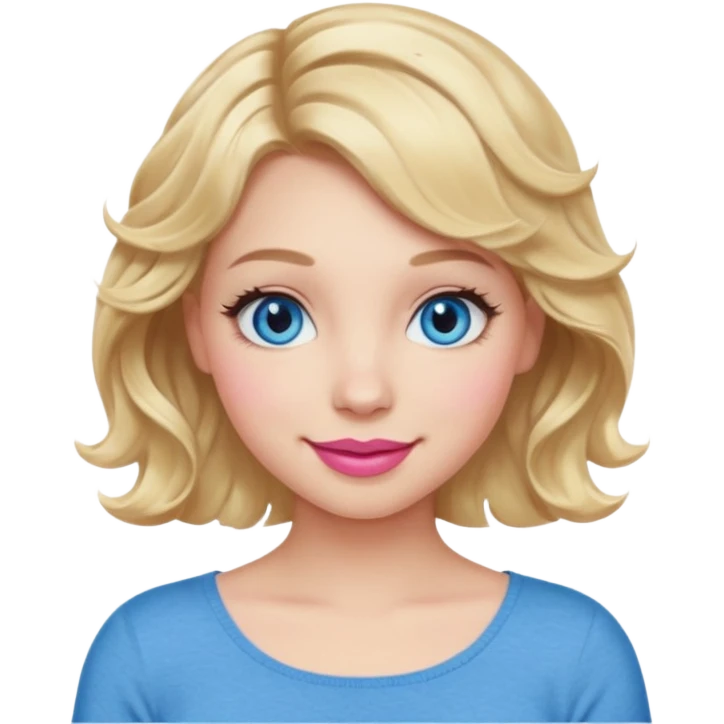 Girl Blonde short wavy hair,  blue eyes, cute blue top, long lashes, pink lips, smiling, 🙅🏻‍♀️ emoji