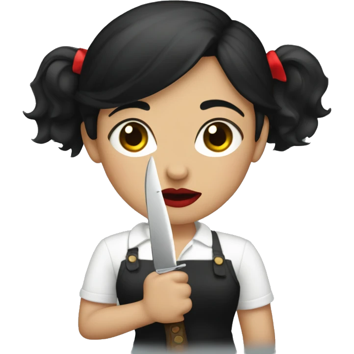 black haired girl with red lipstick and knife emoji