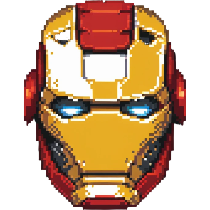 Iron Man face helmet in pixel art style, red and gold superhero mask emoji