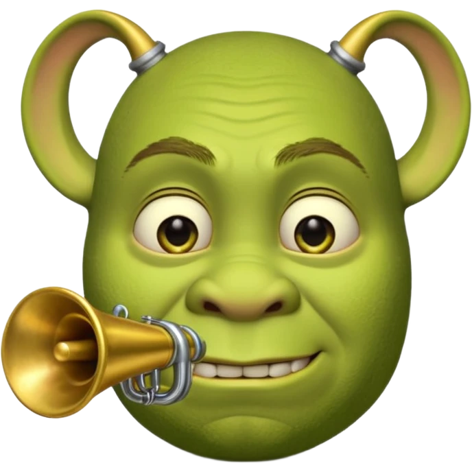 Shrek il a pas d'oreille juste deux tubes cylindriques verts, courts et épais, qui sortent horizontalement des côtés de la tête.
Chaque oreille ressemble à une petite trompette inversée : t en une embouchure circulaire parfaitement ronde à l’extrémité. emoji