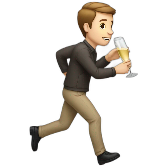 White man with very short brown hair runs with a carton of champagne emoji