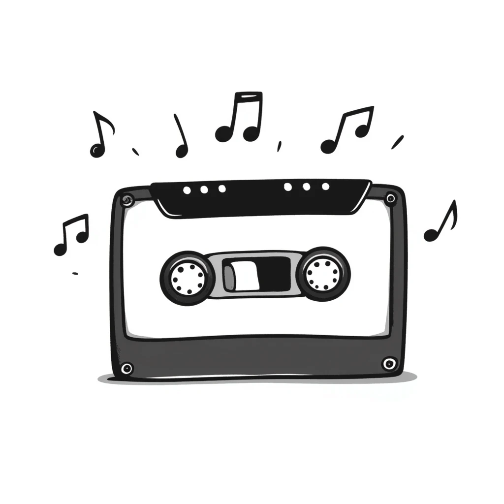 A hand-drawn cassette tape with music notes floating around it emoji