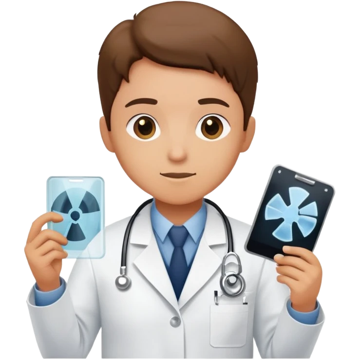 A medical professional in a white lab coat examining an X-ray film, wearing a radiation badge emoji