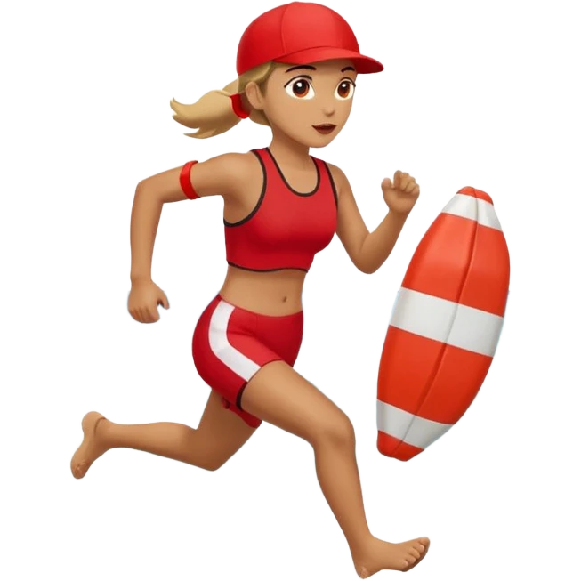 Female lifeguard – red cap, running along shore with rescue buoy emoji