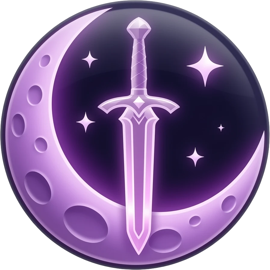 Glowing dark purple detailed crescent moon with an elegant detailed glowing transparent sword, emoji style. Soft violet and pink glow, minimal clean design, smooth edges, subtle lighting, centered, high contrast, transparent background. emoji