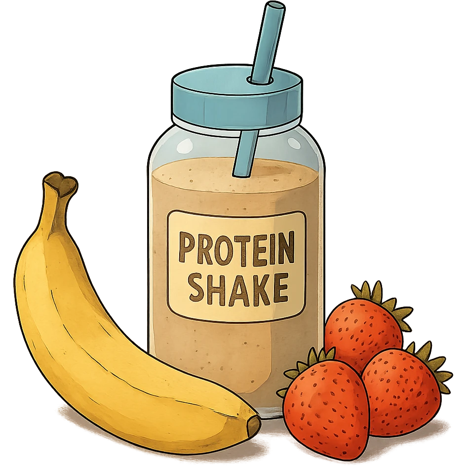 ghibli style protein shake with banana and strawberries around emoji