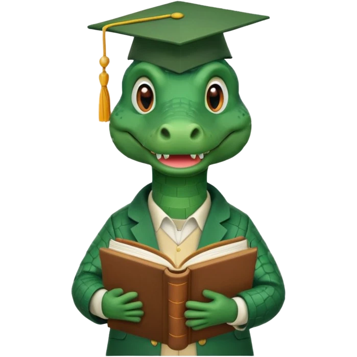 A claymation-style academic alligator with a book. The background is a solid white circle emoji