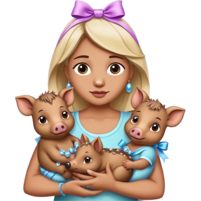 woman holding baby boars with ribbons and crystals emoji