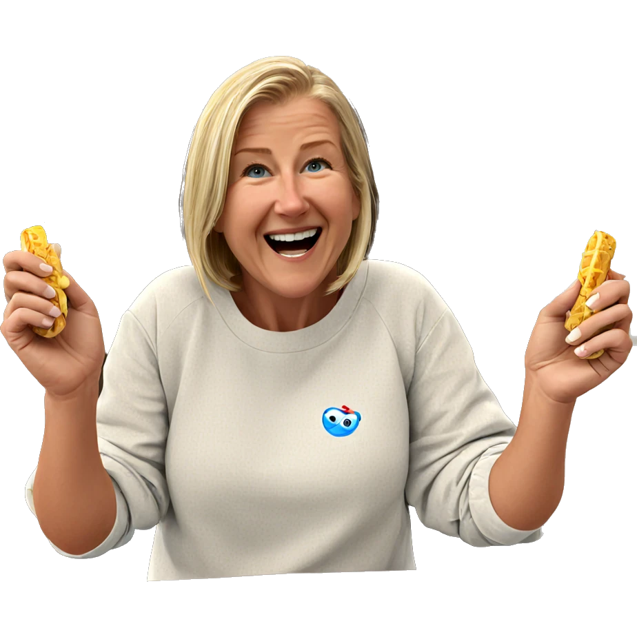 blonde smiling with food indoors emoji