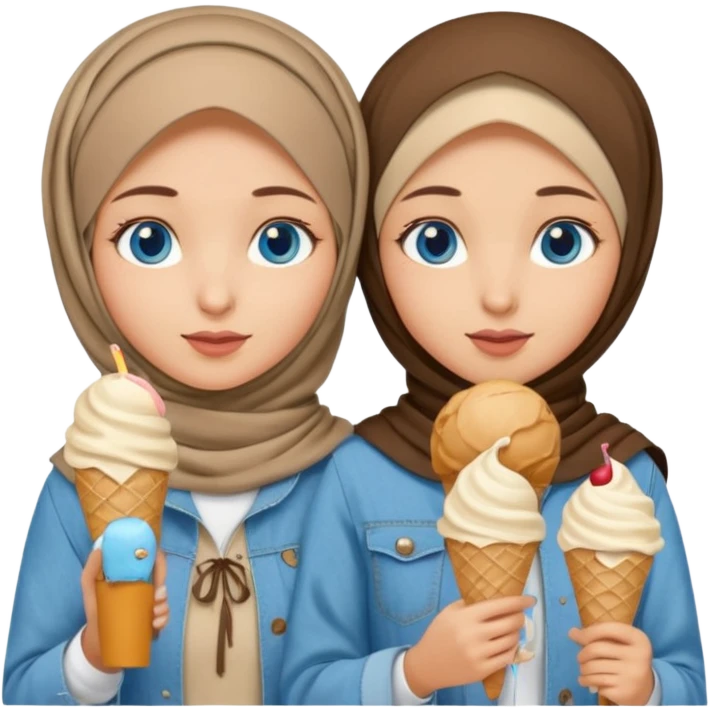 Turkish beautiful finish Konya two girls blue eyes with beige denim hijab islamic dress and had on her hand ice cream emoji