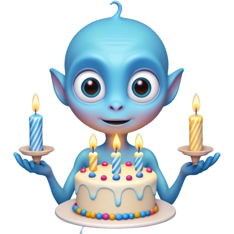 A cute friendly alien holding a birthday cake with candles, big expressive eyes, bright colors, cartoon style, playful atmosphere, 3D animated look, Pixar-inspired, highly detailed
 emoji