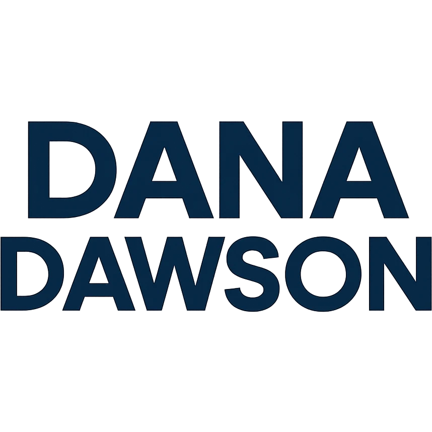 bold geometric sans-serif logo of 'Dana Dawson', modern, clean, blue accent emoji