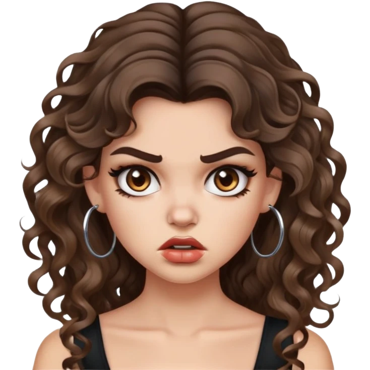 cute girl with not volominous VERY LONG curly/wavy brunette hair with balayage, brown eyes, full lips, baddie clean girl makeup and hoop earrings white girl: ANGRY FACE emoji