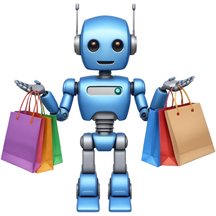 black friday robot with blue and metalic colours with bags in his hands  emoji