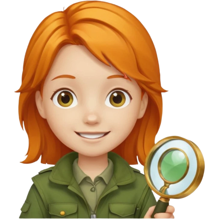braid orange haired girl kid in moss green explorer outfit, holding magnifying glass, smile emoji