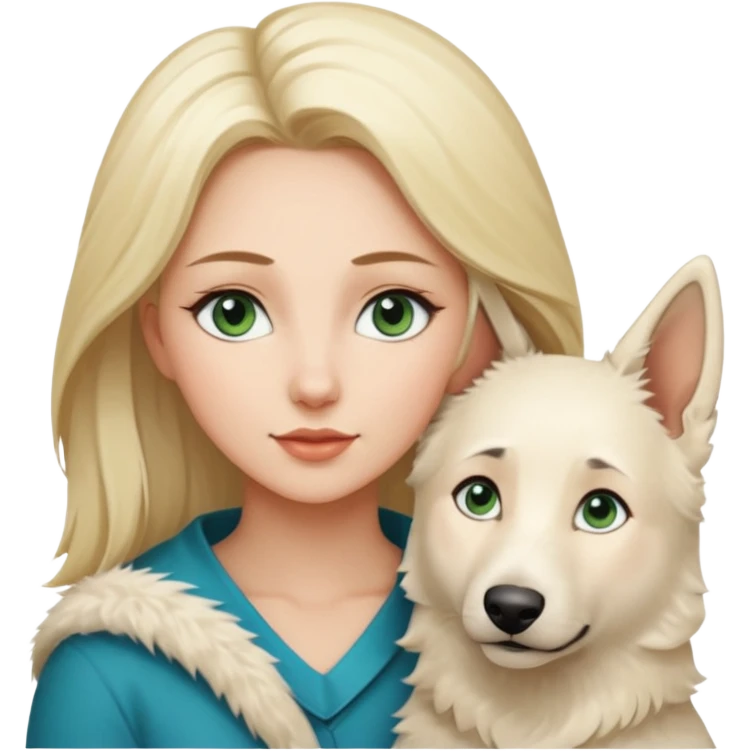 A white blonde Hair Woman with blue Green eyes with a White Shepard with a little bit beige in the fur in a lovely pose  emoji