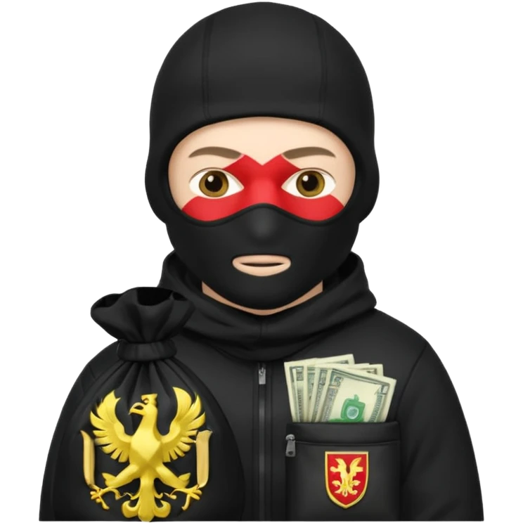 создай белого украинца в черное одежде и черной балаклаве с большим мешком денег с  гербом страны на нем  emoji