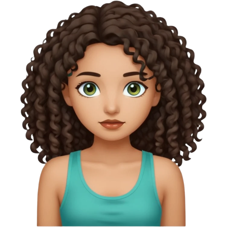 Girl with olive skin, teal eyes, dark brown  loose curly long hair, pretty white tank top emoji