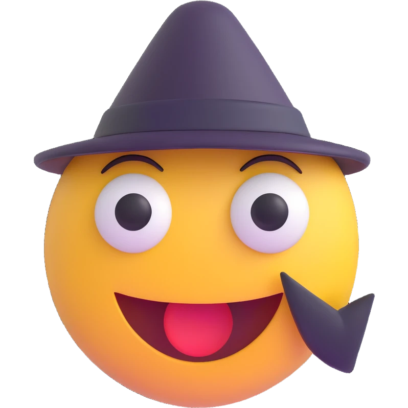 3D smiley emoji, nagy szempillás, kalappal, csodálkozó arccal emoji