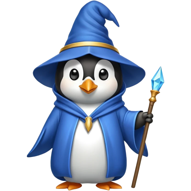 penguin wizard with a blue robe and pointed hat emoji