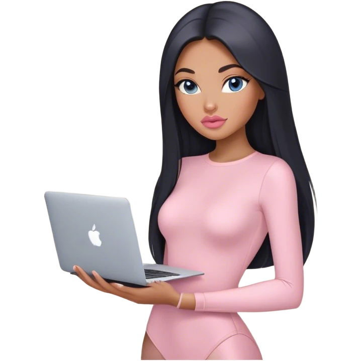 Glamours, tanned, very beautiful girl, with big pump peach-beige-rose lips, black straight smooth silky long hair, straight parting, blue-grey eyes, in light-pink bodysuit holding MacBook emoji