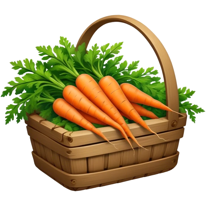 Cinematic vibrant orange carrot, crisp and fresh, slightly twisted with green leafy tops, arranged in a rustic wooden basket, natural and inviting. emoji