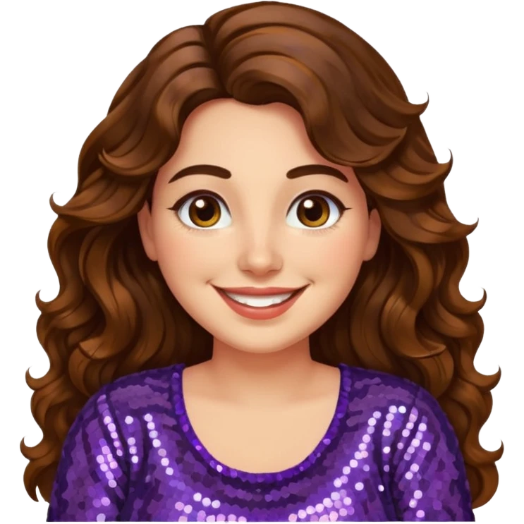 30 yr old italian woman, long brown wavy hair, big brown eyes, huge smile, sequin shirt, no bangs, a bit chubby emoji