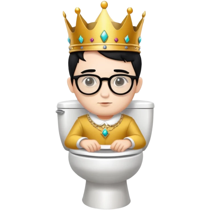 King with crown sitting on a toilet, wearing round glasses and black hair emoji