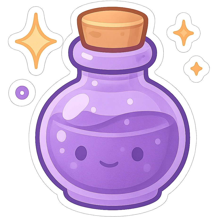 purple chibi sticker, adorable potion bottle, sparkles and stars, chibi style emoji