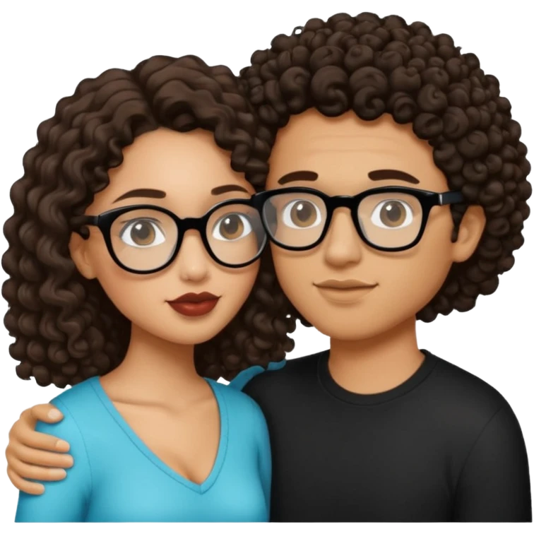 light skin girl with dark brown hair kissing a light skin guy that is a bit darker than her with curly hair and black glasses emoji