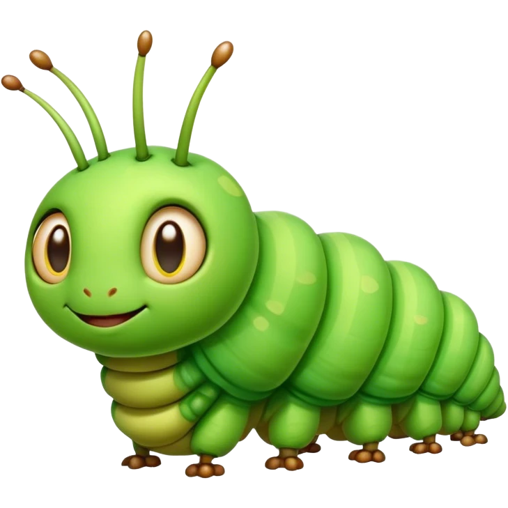 Cinematic Realistic Cute Caterpillar Portrait Emoji, Head tilted playfully and inquisitively, featuring a compact, segmented body in bright, vibrant green with delicate, inviting textures and a charming, rounded face with sparkling eyes full of curiosity, rendered with lifelike detail and natural highlights, high shine, affectionate and spirited, styled with a touch of garden whimsy, soft glowing outline, capturing the essence of a mischievous yet lovable caterpillar that seems poised to crawl cheerfully into your arms! emoji