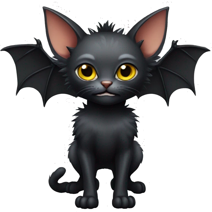 Black Lykoi Cat with Bat wings on head and big fangs full body emoji