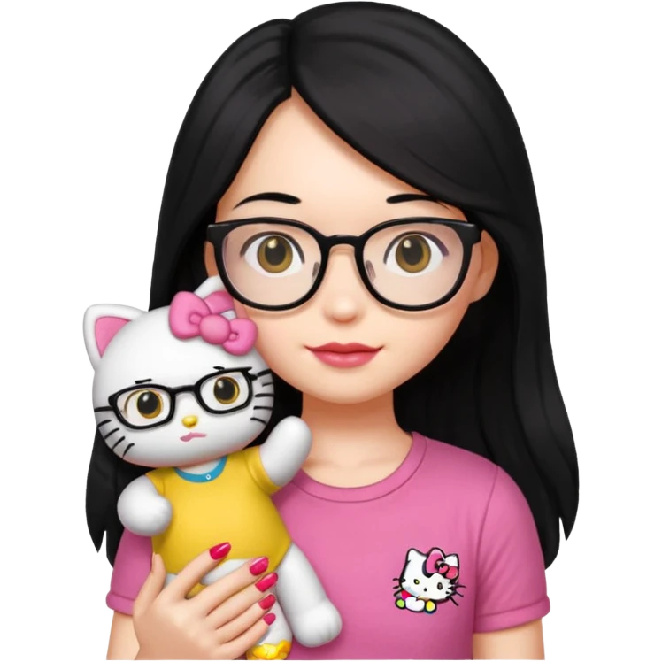 Nails cute with hello kitty wear glasses black long  hair, wear yellow shirt , red nails , big hello kitty doll emoji