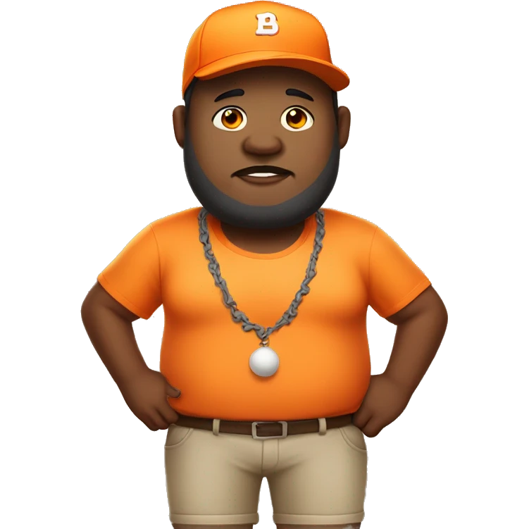 Fat man with no shoes or socks, a baseball cap, and orange shirt on. He is also a game streamer. emoji