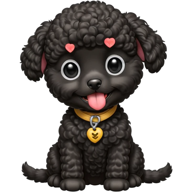 A high-resolution square-format digital illustration of a black toy poodle puppy in a clean, emoji-inspired semi-realistic style. The poodle is shown from the chest up, facing forward with a slight tilt of the head to the left, tongue out playfully. emoji