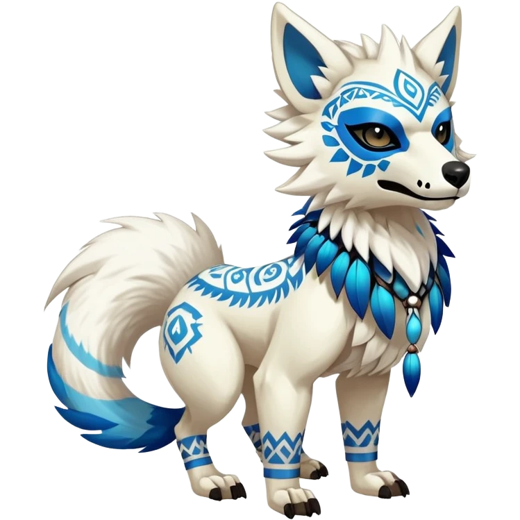 Furry cute colorful exotic tribal feral anime-styled Fakémon-Pokémon-animal-creature with a white wolf-skull-head-mask-face, and blue feathers around neck, with long furry ears, long furry tail, 4 legs, (full body), with intricate pattern-markings emoji