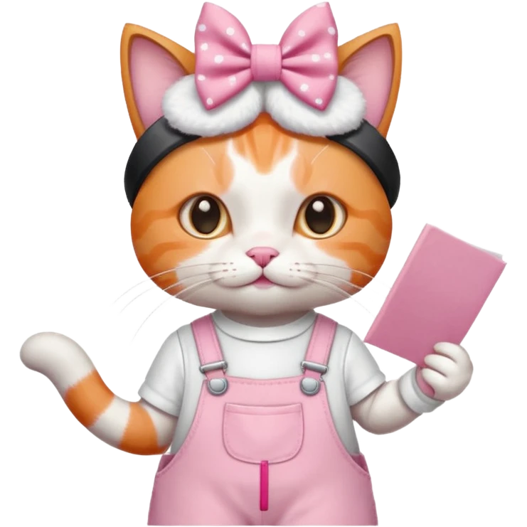 گربه ی نارنجی سفیدتقریباً لباسش حالت بیلر باشه سفید و صورتی پاپیون رو سرش باشه یک کاغذ بزرگ تزیین شده توی دستش باشه emoji