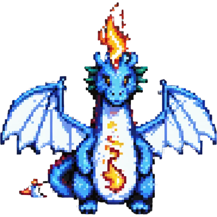 pixel art dragon with tiny wings, breathing a small flame emoji