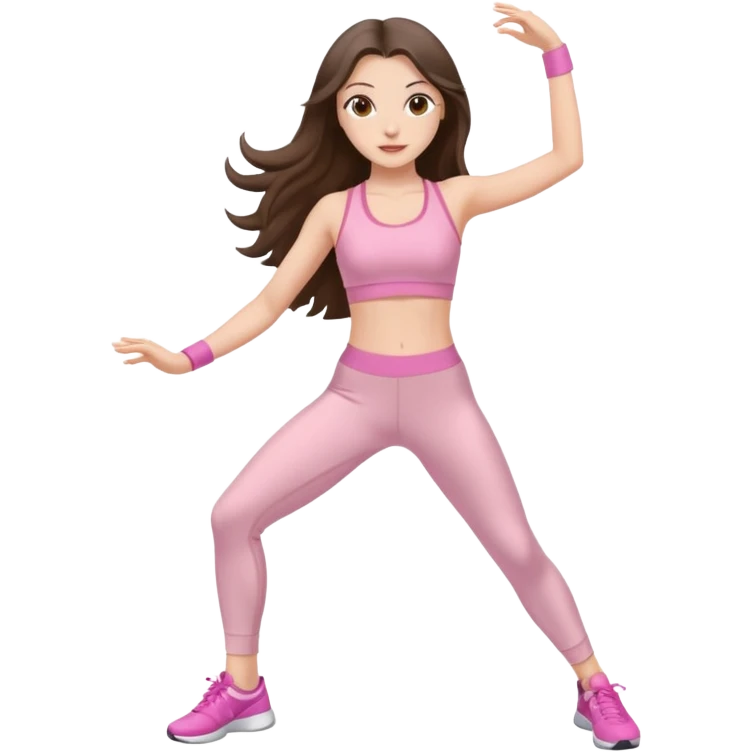 white brunette girl long hair with hazel eyes in light pink workout clothes dancing  emoji
