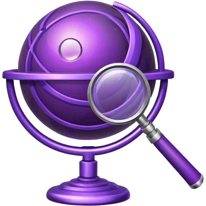 Minimal purple icon: a planet with connecting lines and a magnifying glass. Glossy, transparent background. emoji