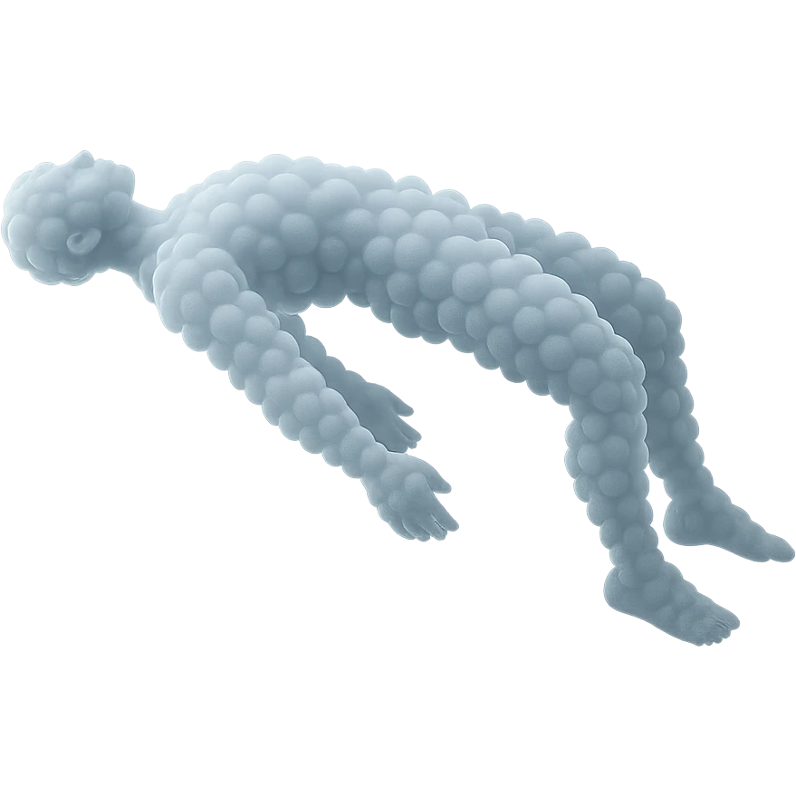 side view of unconscious person flying torso up, legs and arms down, made of small very bright white fluffy convex clouds, matte glass style emoji