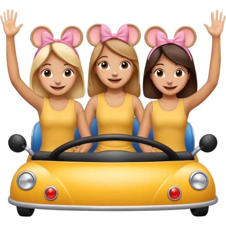 quatro chicas montadas en una atraccion de levantando la mano con orejas de dines puestas emoji
