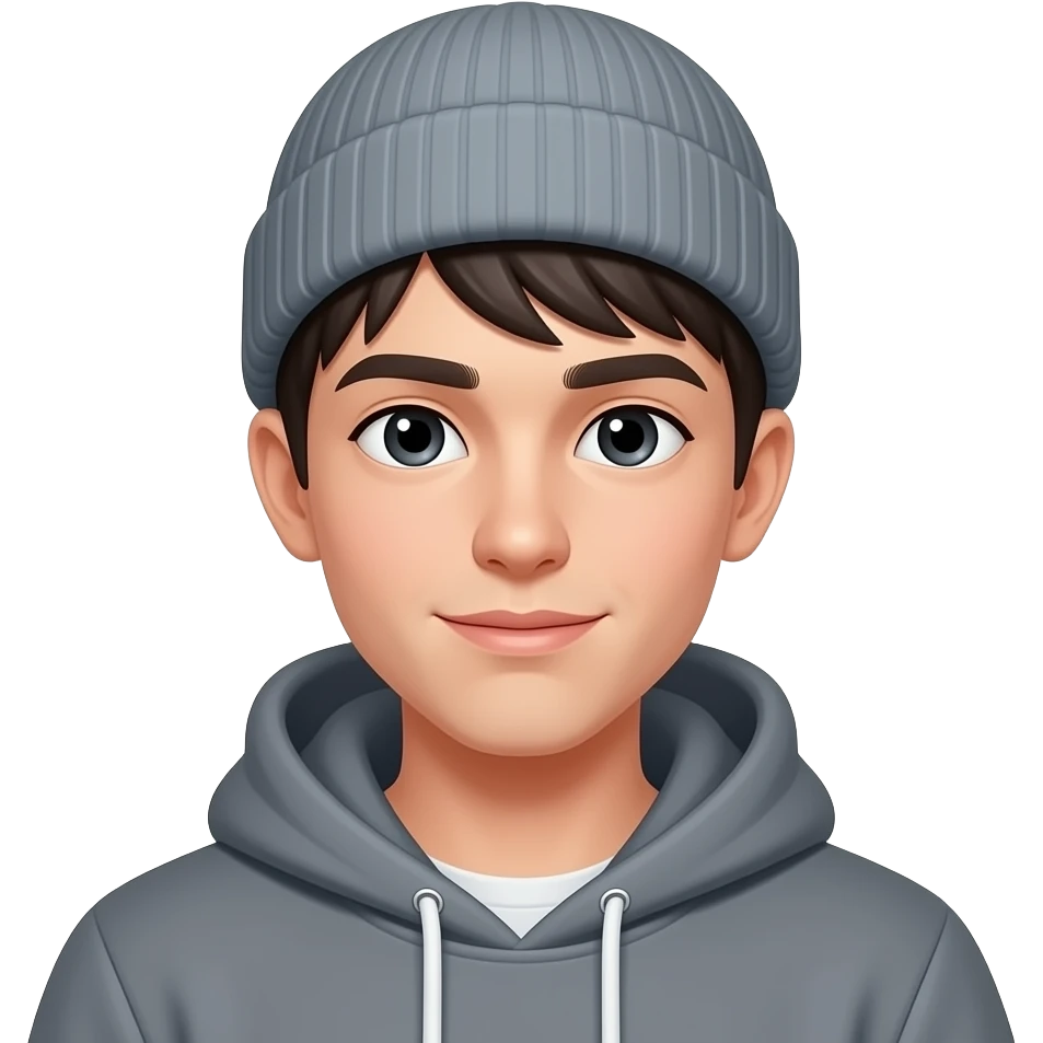 Male, teen, slim, dark hair, grey beanie, hoodie emoji