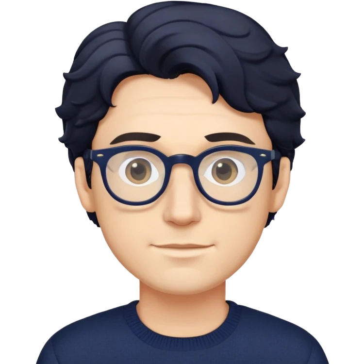 Caucasian male with wavy black hair wearing eyeglasses and a dark navy blue long sleeve pullover sweater emoji