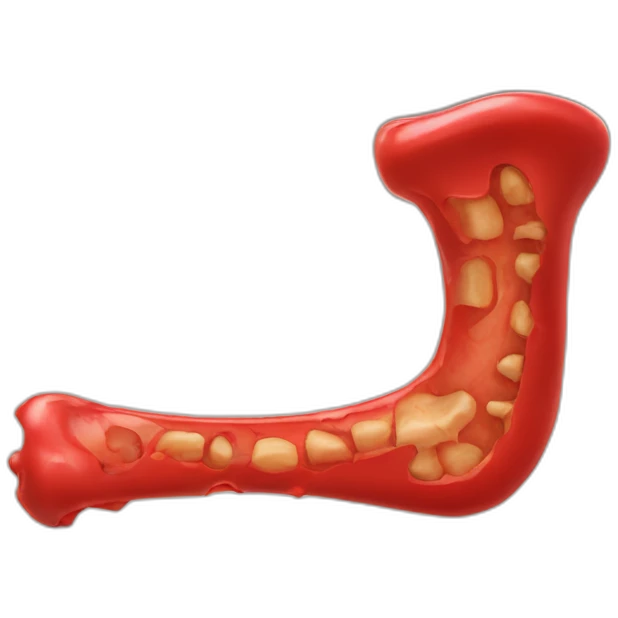 red plastic bone dans is chewed up on one side  emoji