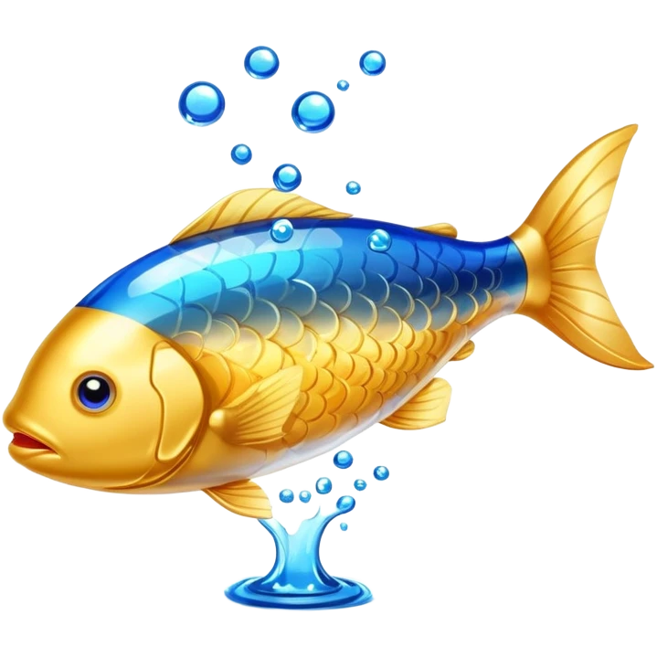 Golden omega-3 fish oil capsule with small fish swimming around it, blue liquid waves, brain and heart benefits visualization emoji