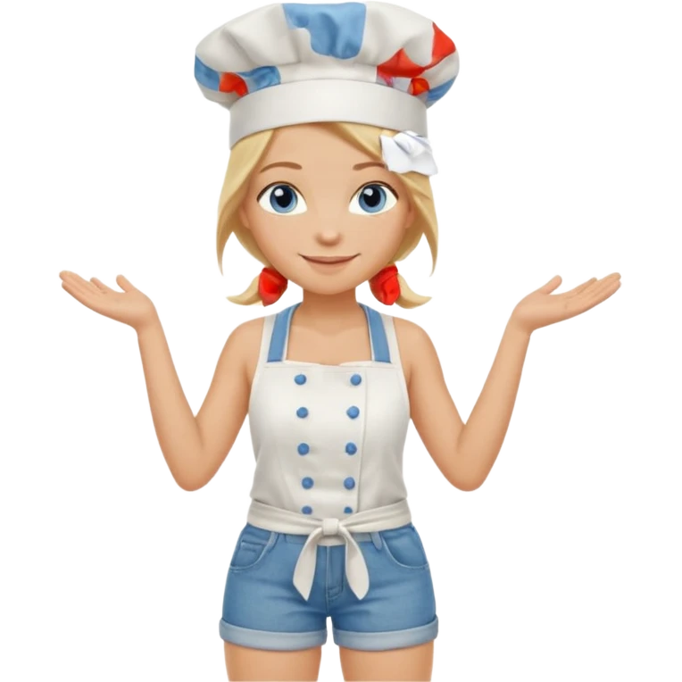 Sexy Full body  pretty
Long Blonde hair blue eyed female chef wearing white tank top, denim shorts and chef hat with arms folded emoji